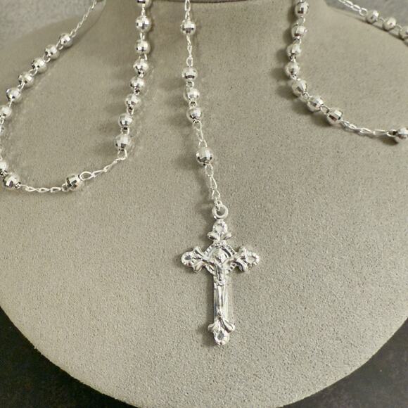 20in Long Rosary Beads Necklace Solid 925 Sterling Silver ITALY 4.8mm-NEW - Picture 4 of 13